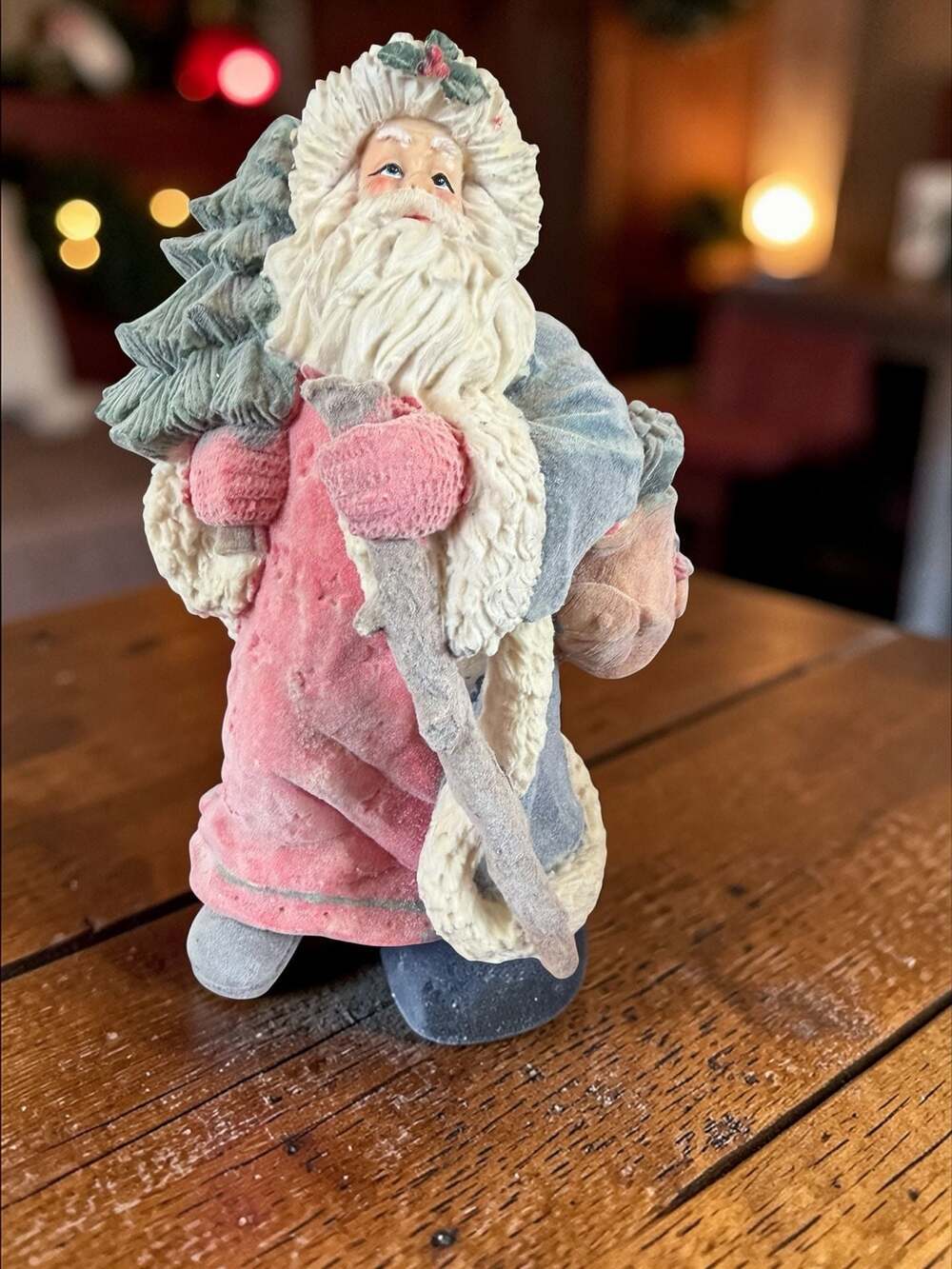 Vintage Flocked Old World Santa Claus Figurine with Christmas Tree and Toy Bag
